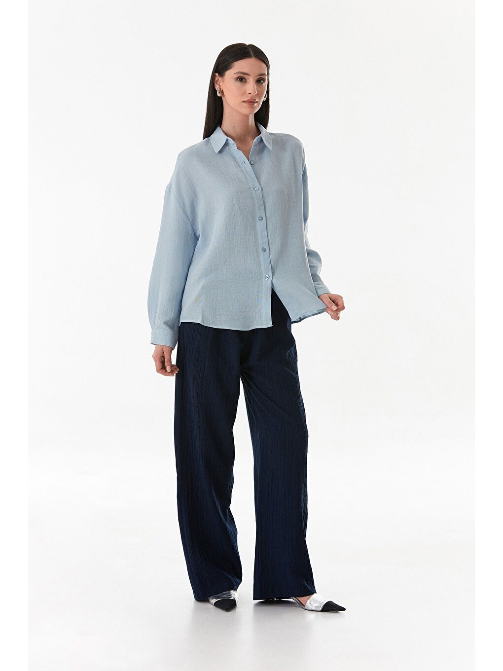 Mavi Basic Düğmeli Salaş Gömlek-1