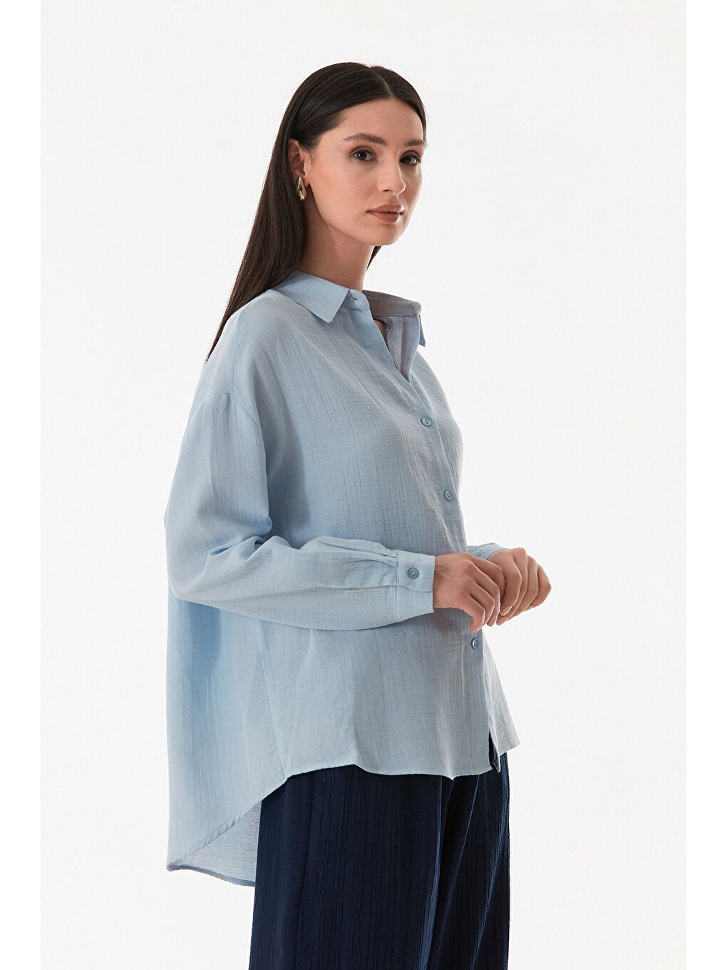 Mavi Basic Düğmeli Salaş Gömlek-2