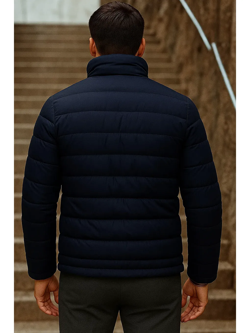 Erkek Kışlık Basic Dik Yaka Fermuarlı Lacivert Şişme Mont-5