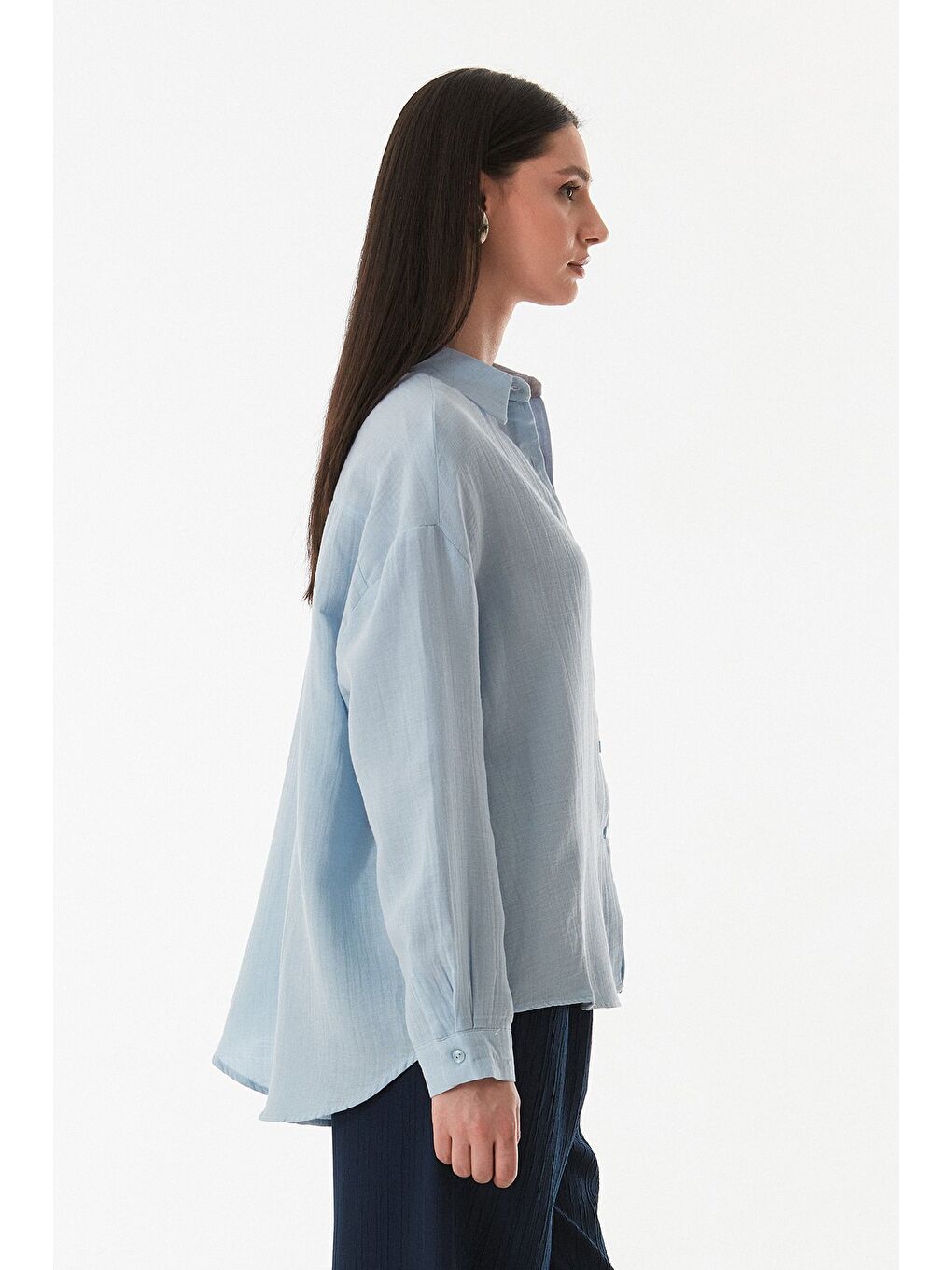 Mavi Basic Düğmeli Salaş Gömlek-3