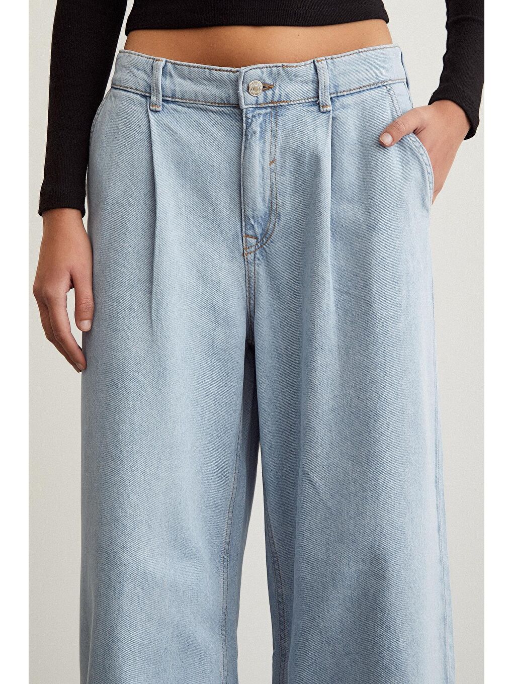 Mavi Pileli Wide Leg Jean-4