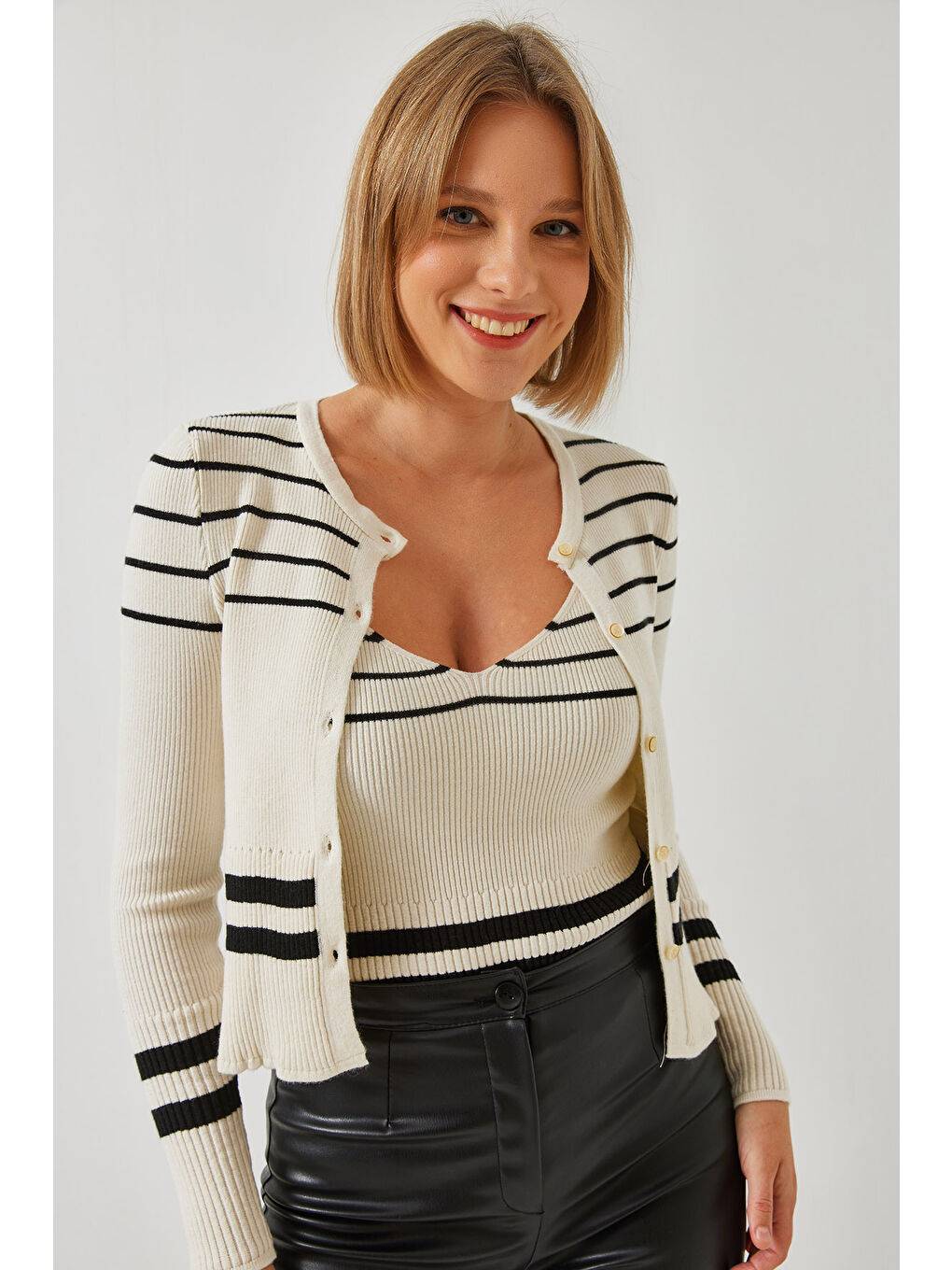 Ekru Kadın Çizgili Düğmeli İkili Triko Hırka-5