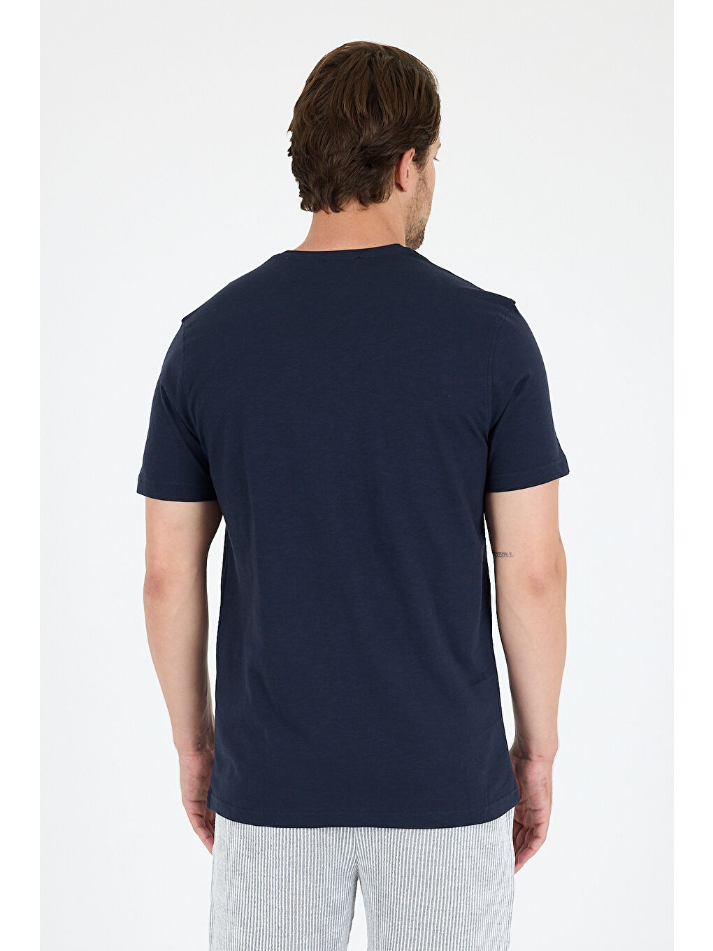 Lacivert %100 Pamuk Sıfır Yaka Baskılı Rahat Kesim, Nefes Alabilir Kumaş Erkek Tişört Basic Tişört 0068-4