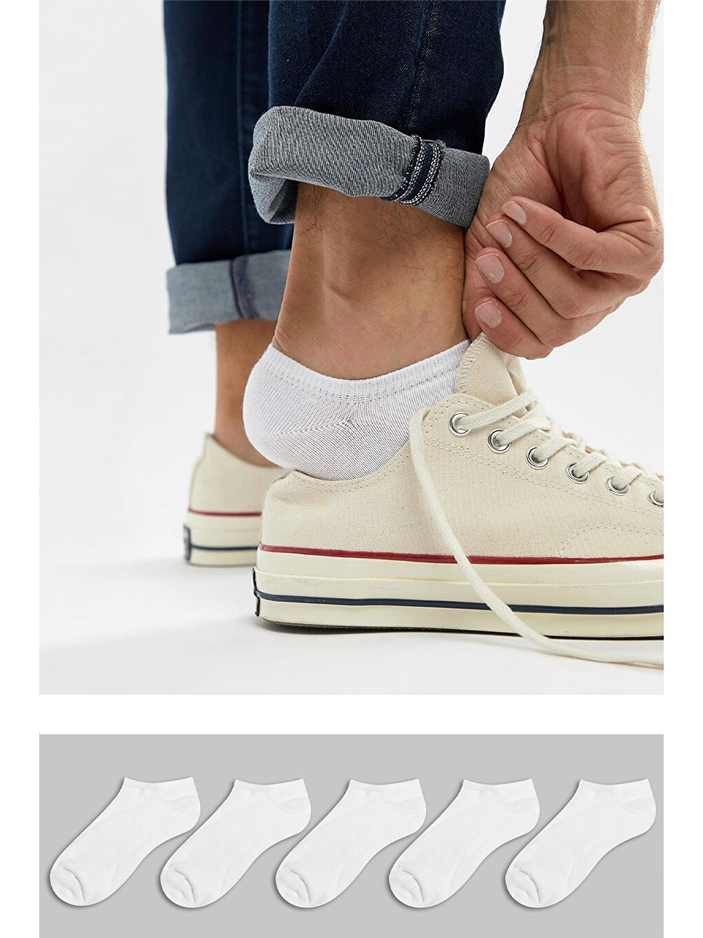 Beyaz 5'li Paket %80 Pamuklu Görünmez Boy Sneakers Erkek Kadın Uniseks Çorap @invizo