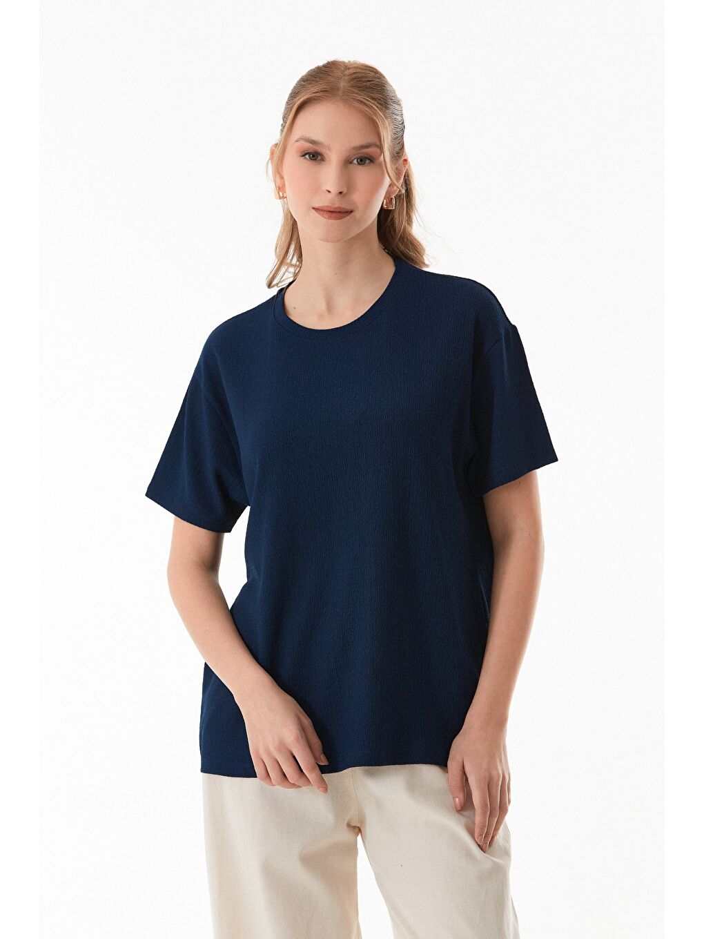 Lacivert Basic Bürümcük Kumaş Tişört-2