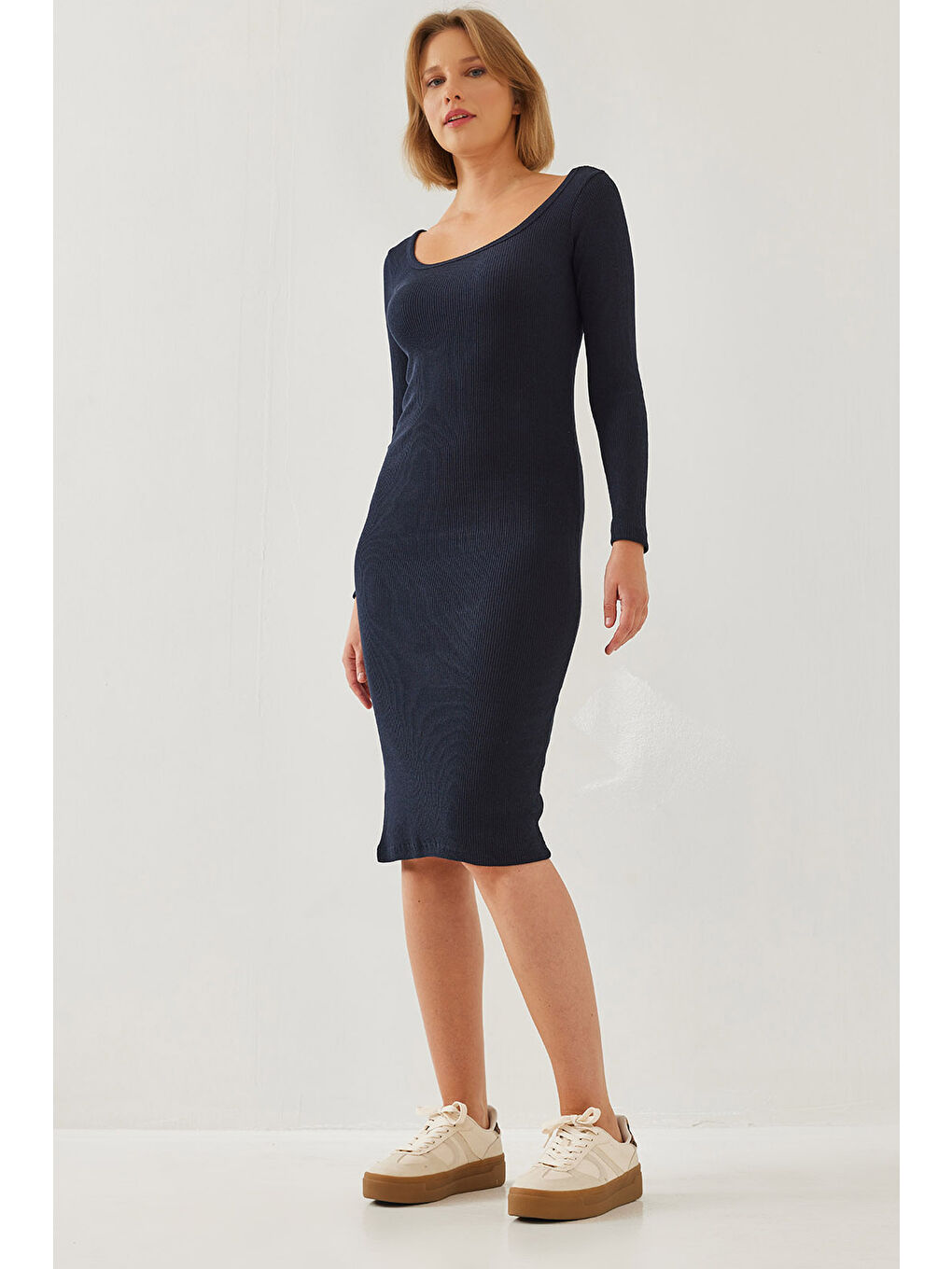 Lacivert Kadın Kare Yaka Uzun Kollu Basic Fitilli Elbise