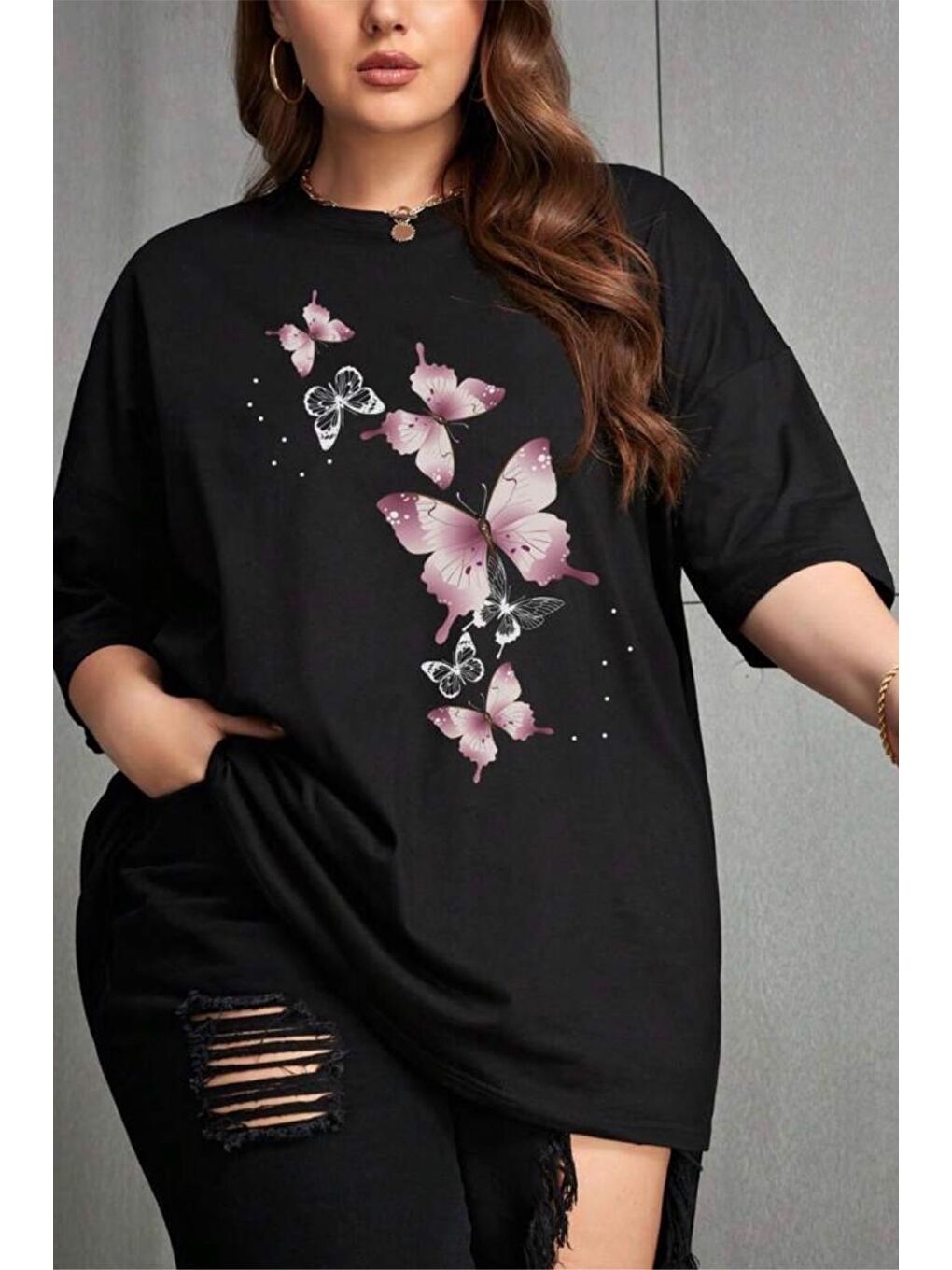 Siyah Kelebek Baskılı Kadın Büyük Beden Battal Bisiklet Yaka Pamuklu T-Shirt Rahat Kesim-1