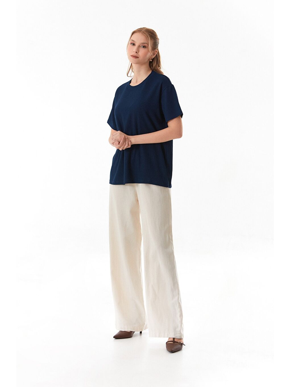 Lacivert Basic Bürümcük Kumaş Tişört-3