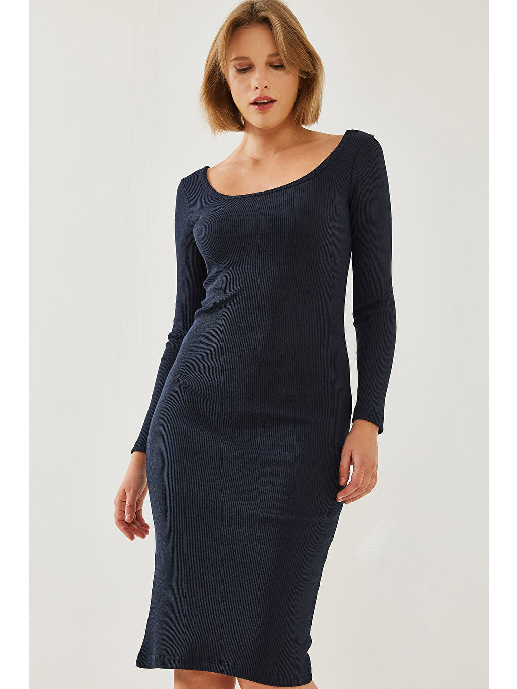 Lacivert Kadın Kare Yaka Uzun Kollu Basic Fitilli Elbise-2