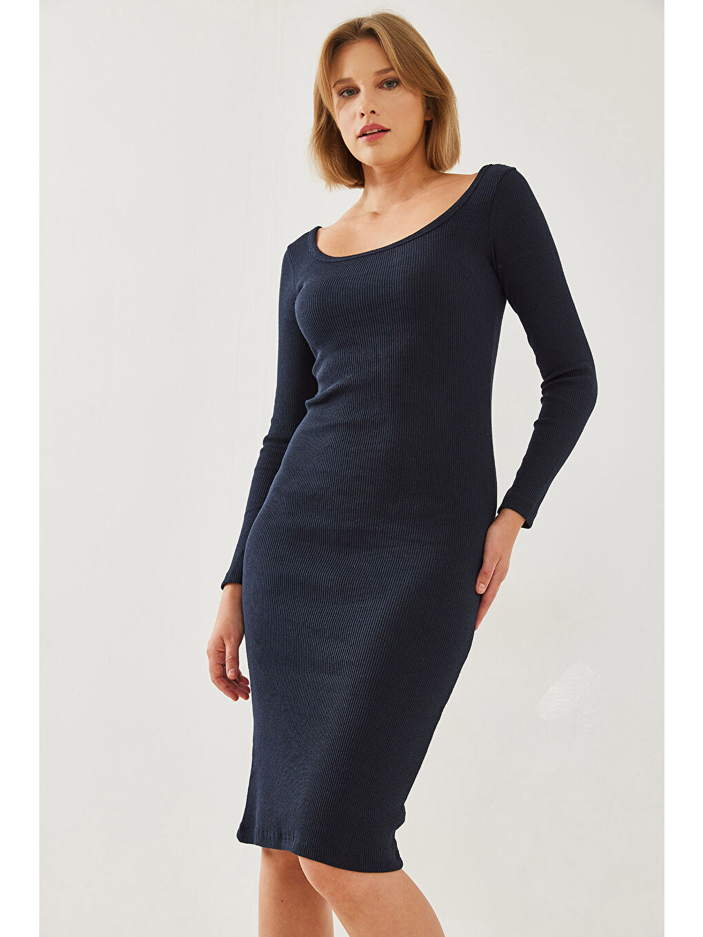 Lacivert Kadın Kare Yaka Uzun Kollu Basic Fitilli Elbise-3