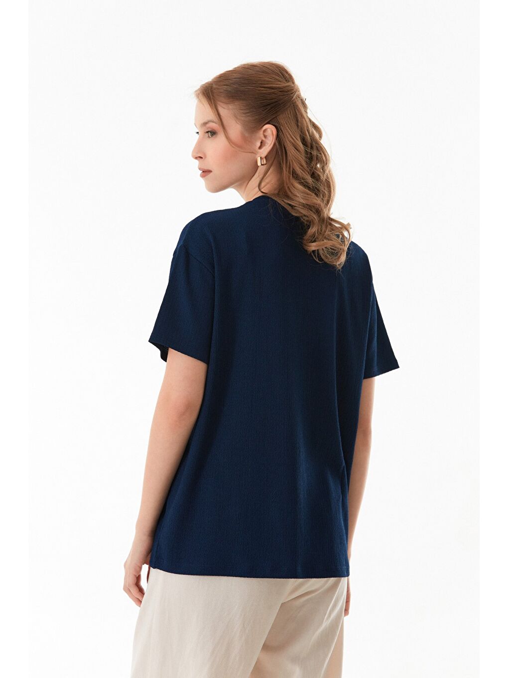 Lacivert Basic Bürümcük Kumaş Tişört-4