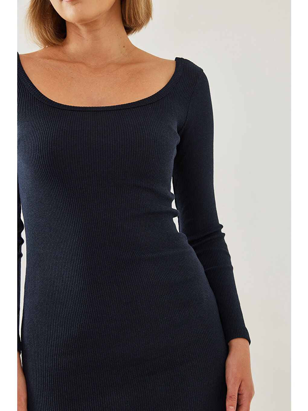 Lacivert Kadın Kare Yaka Uzun Kollu Basic Fitilli Elbise-4