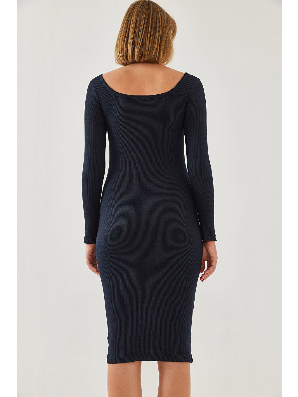 Lacivert Kadın Kare Yaka Uzun Kollu Basic Fitilli Elbise-5