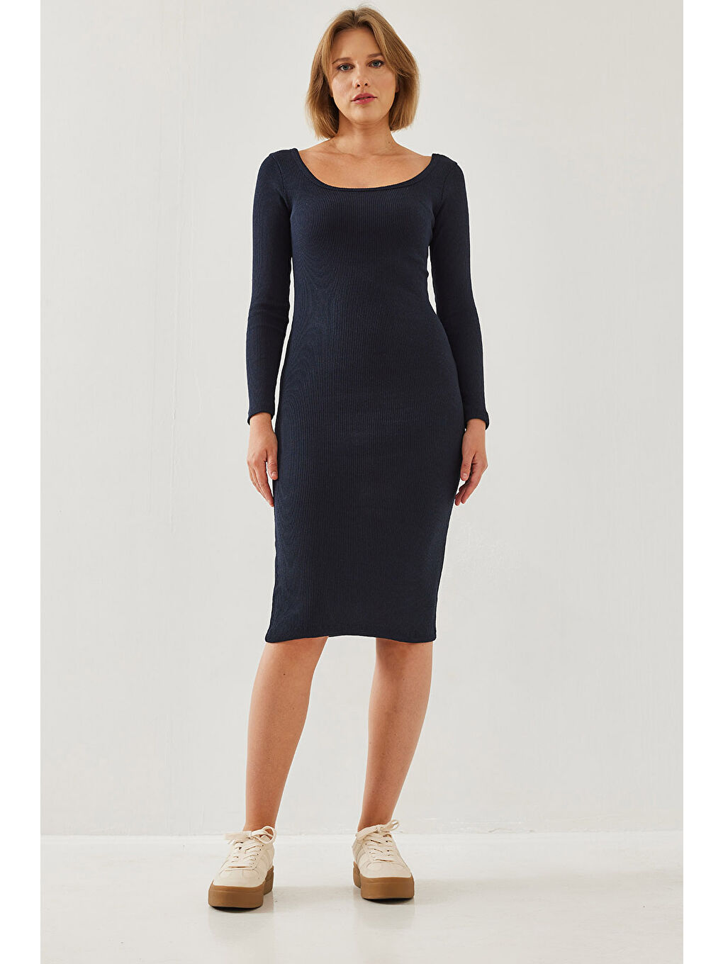 Lacivert Kadın Kare Yaka Uzun Kollu Basic Fitilli Elbise-6