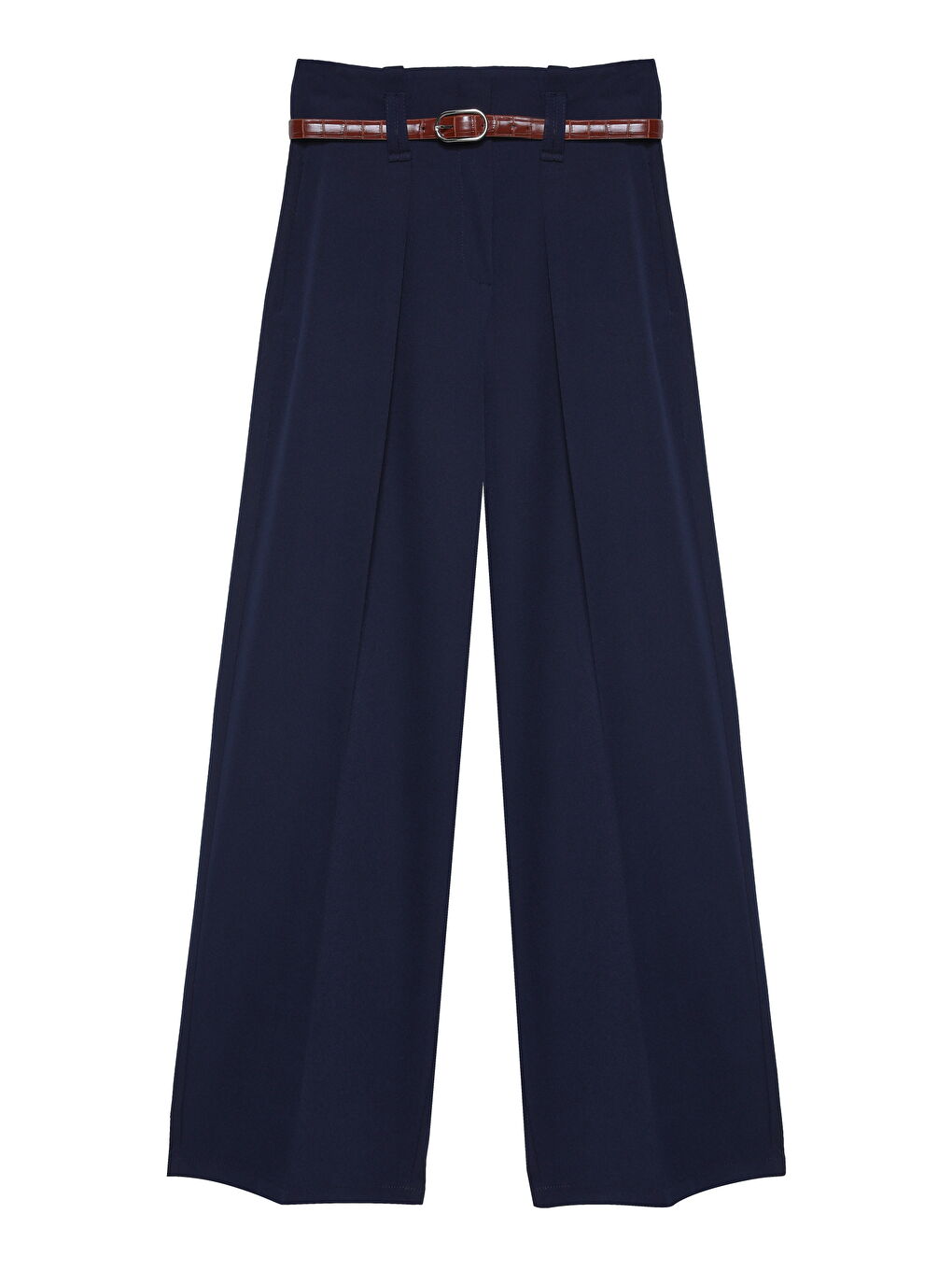 Kemer Detaylı Yüksek Bel Geniş Paça Pantolon Lacivert