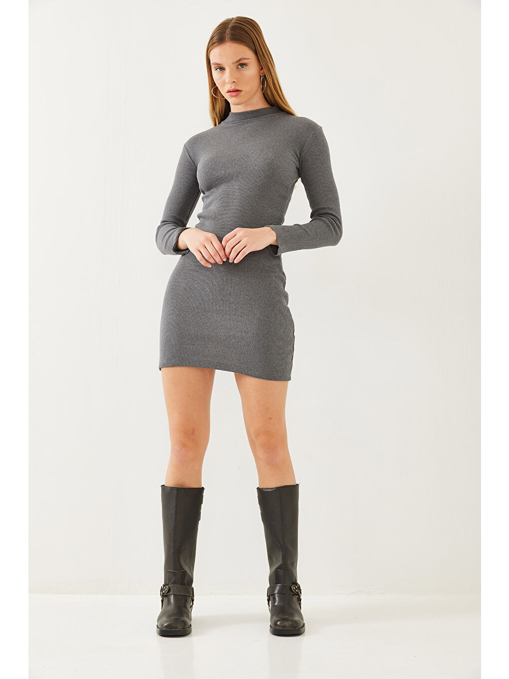 Antrasit Kadın Balıkçı Yaka Kaşkorse Uzun Kollu Kısa Basic Elbise-1