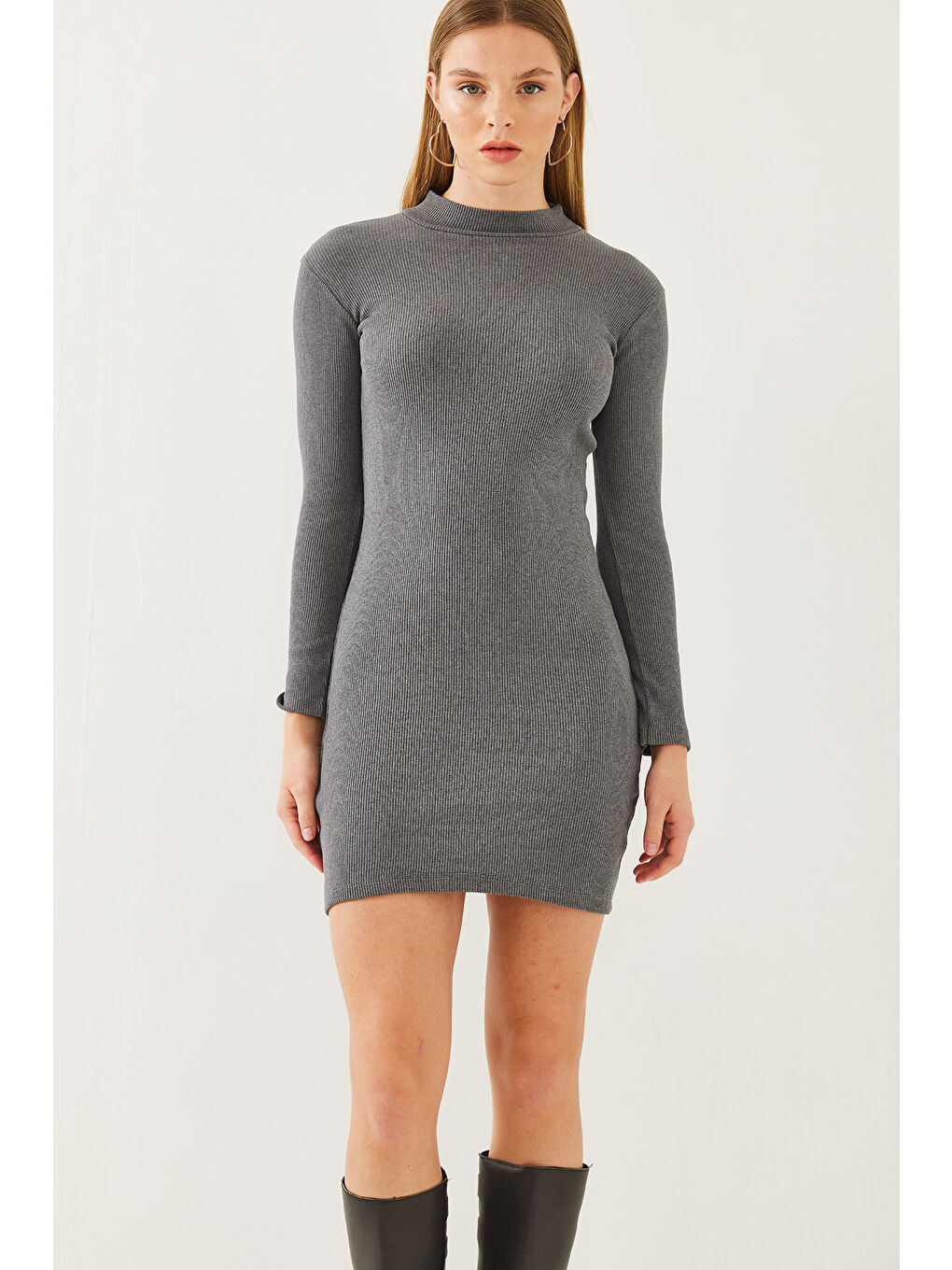 Antrasit Kadın Balıkçı Yaka Kaşkorse Uzun Kollu Kısa Basic Elbise-3