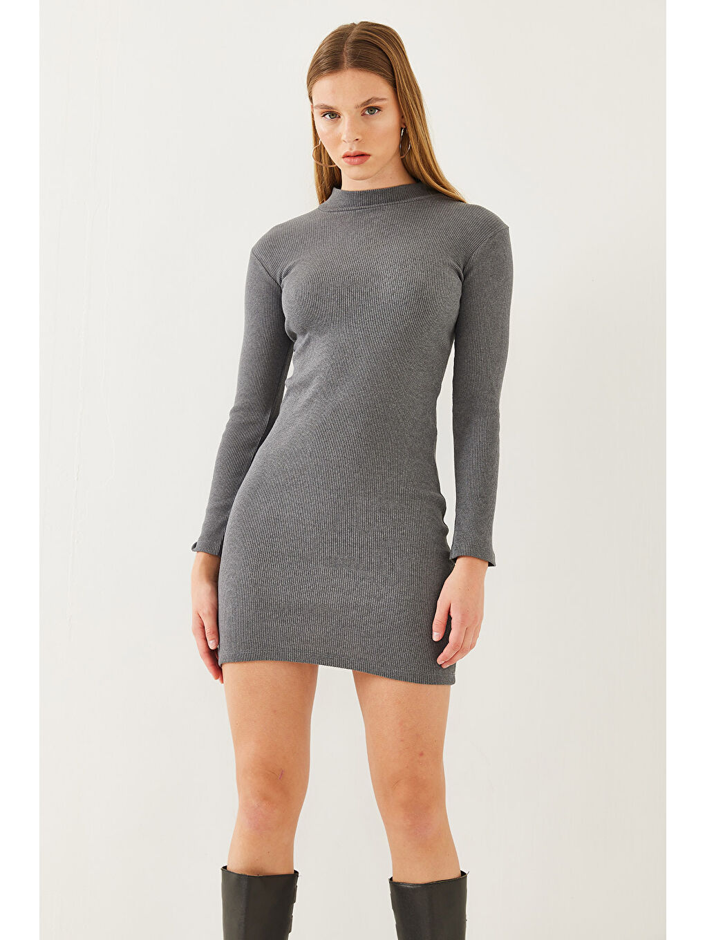 Antrasit Kadın Balıkçı Yaka Kaşkorse Uzun Kollu Kısa Basic Elbise-4