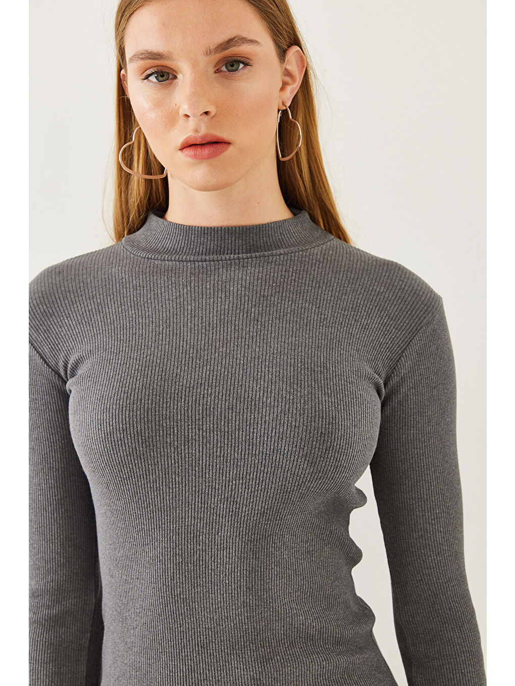 Antrasit Kadın Balıkçı Yaka Kaşkorse Uzun Kollu Kısa Basic Elbise-5