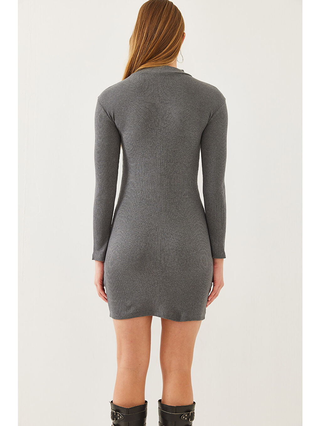 Antrasit Kadın Balıkçı Yaka Kaşkorse Uzun Kollu Kısa Basic Elbise-6