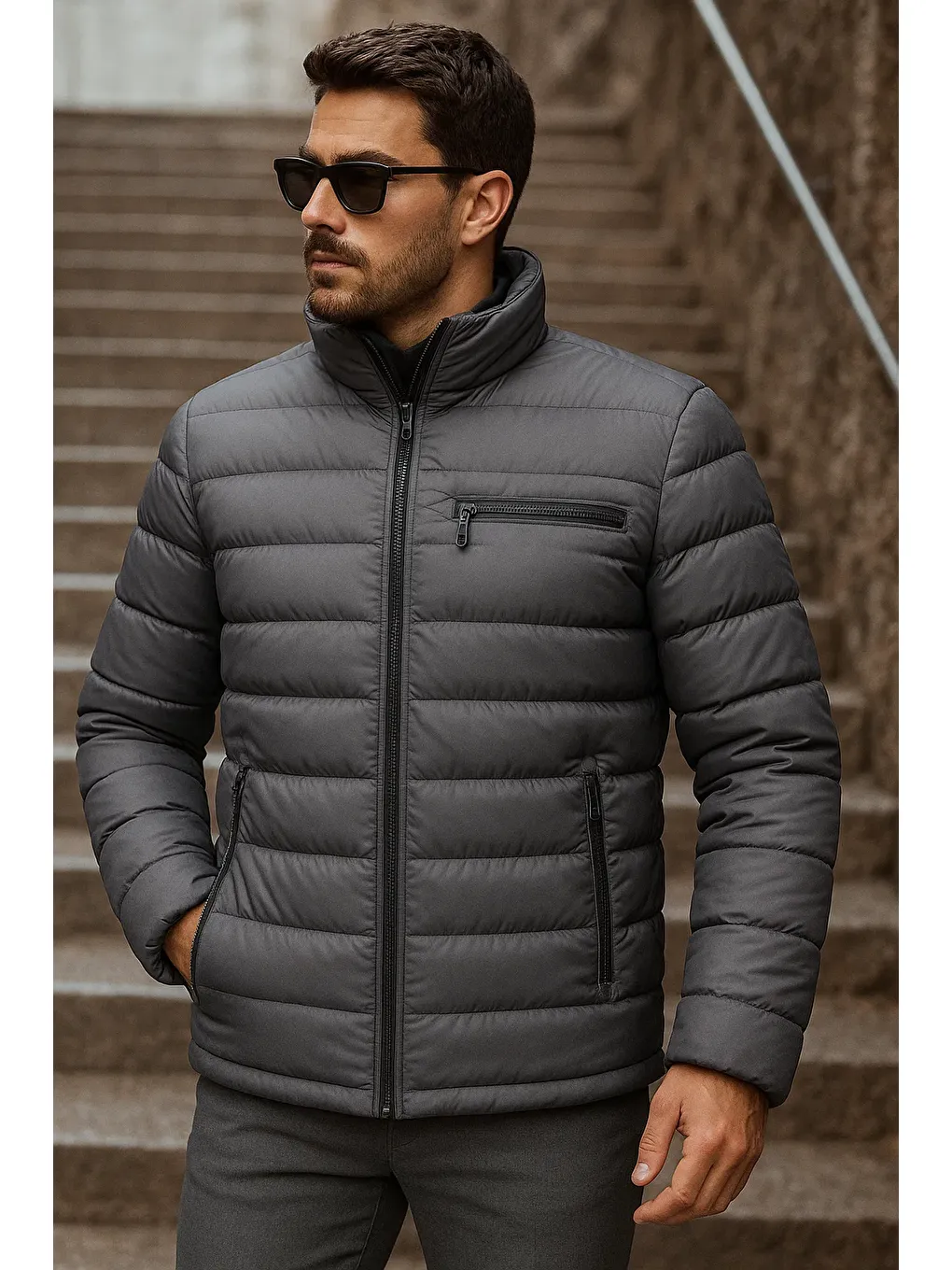 Gri Erkek Kışlık Basic Dik Yaka Fermuarlı Füme Şişme Mont-1