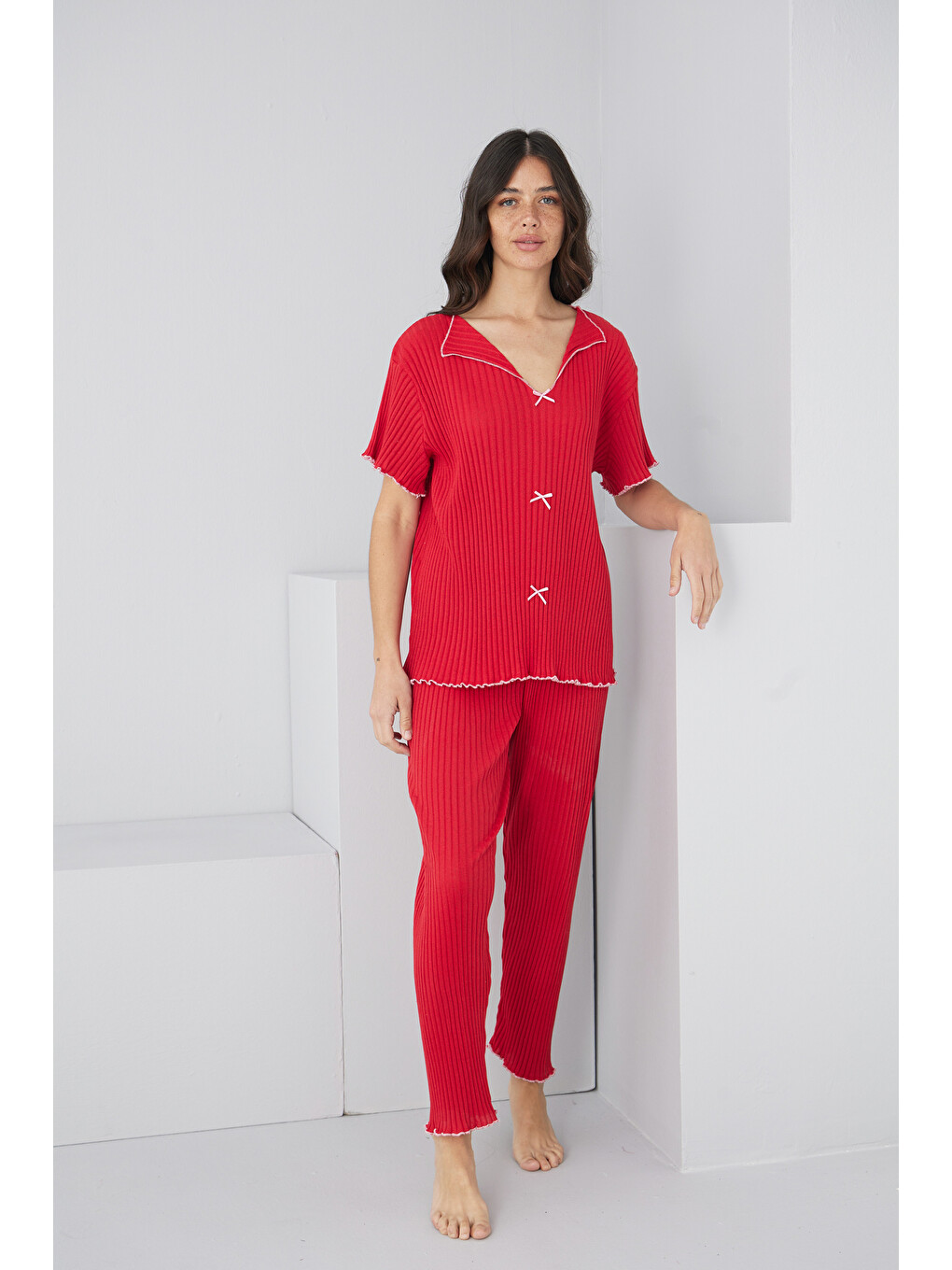 Kırmızı Mevsimlik İnce Fiyonklu Pijama Takım7879-1