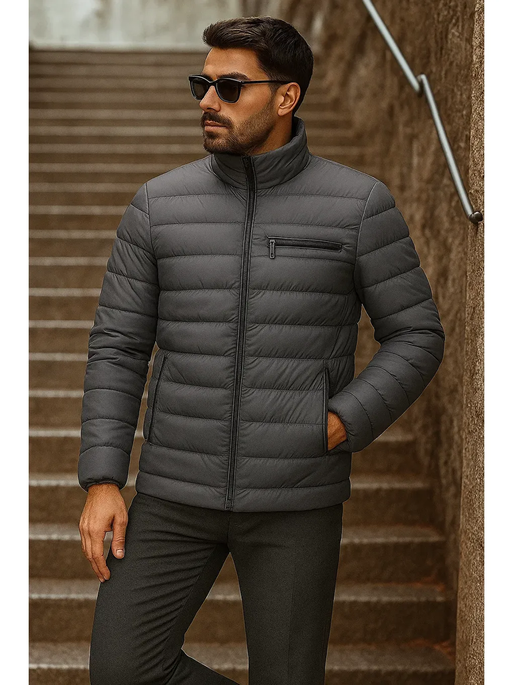 Gri Erkek Kışlık Basic Dik Yaka Fermuarlı Füme Şişme Mont-2