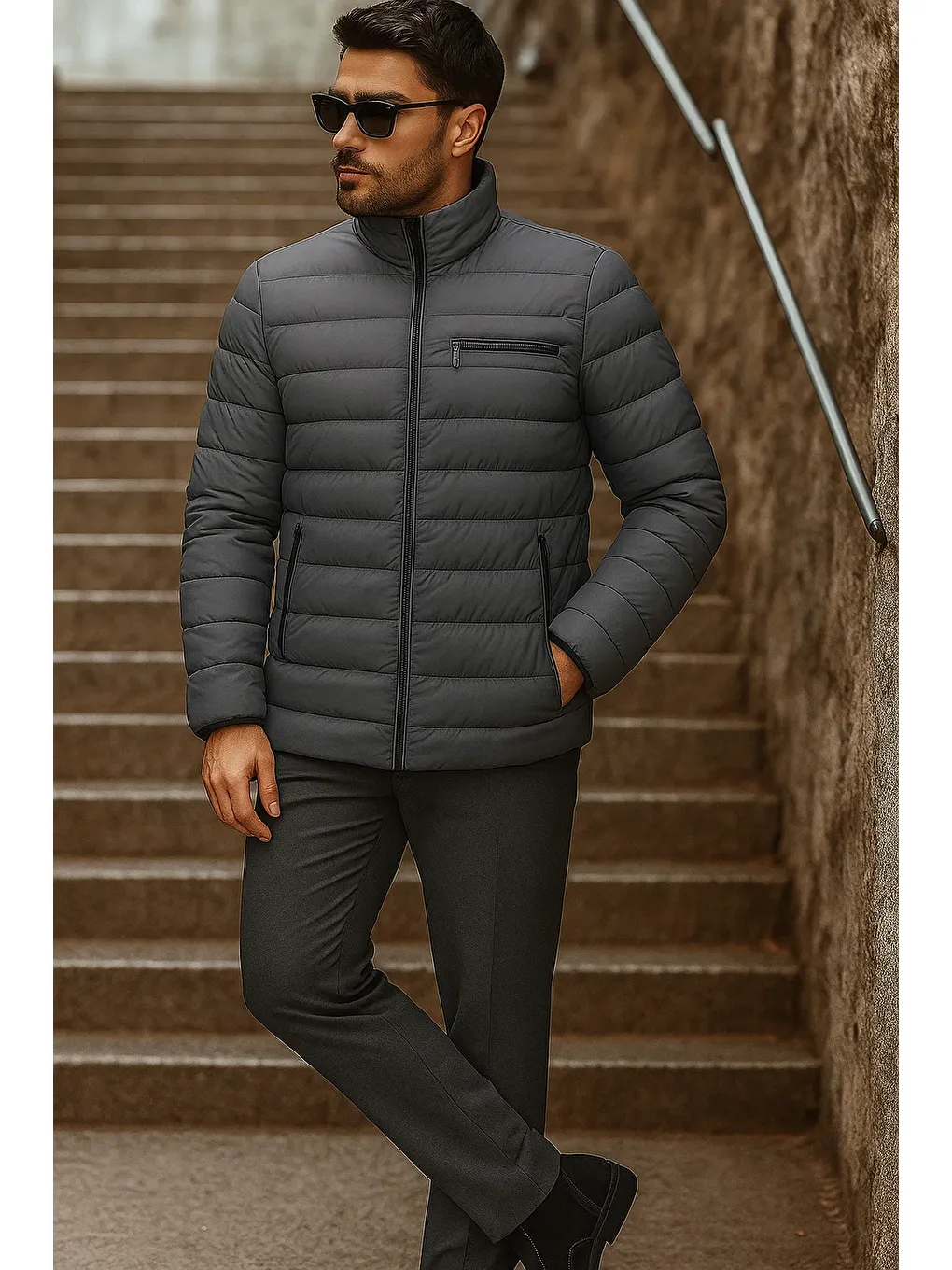 Gri Erkek Kışlık Basic Dik Yaka Fermuarlı Füme Şişme Mont-3