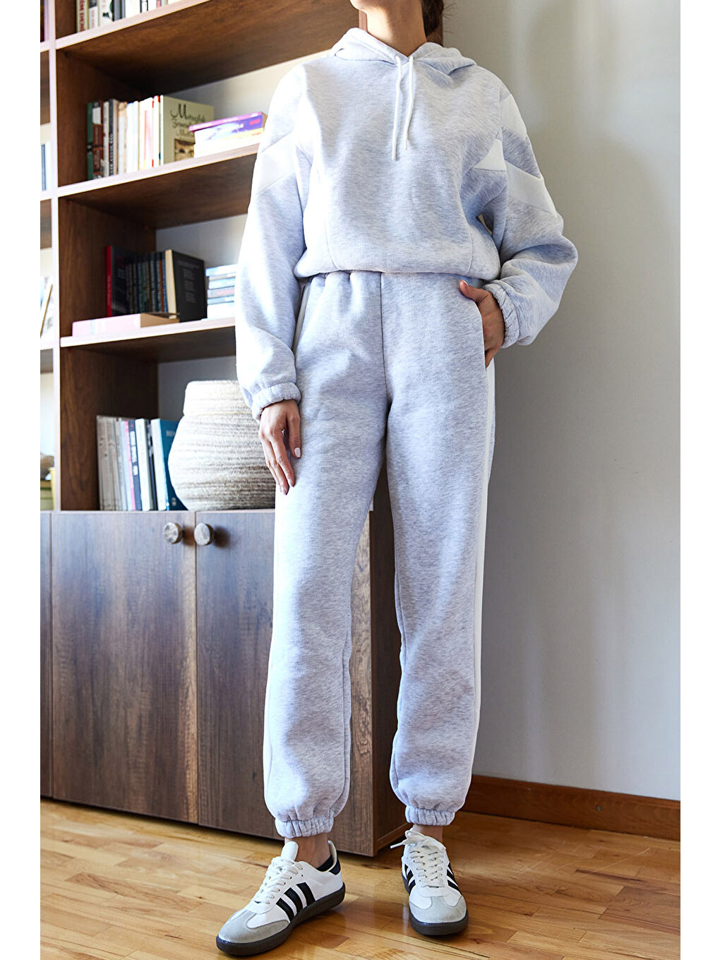 Gri Kadın Üç İplik Şardonlu Parçalı Alt Üst Takım-5