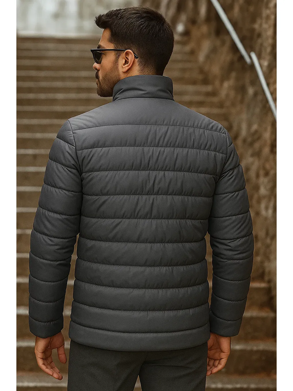 Gri Erkek Kışlık Basic Dik Yaka Fermuarlı Füme Şişme Mont-4