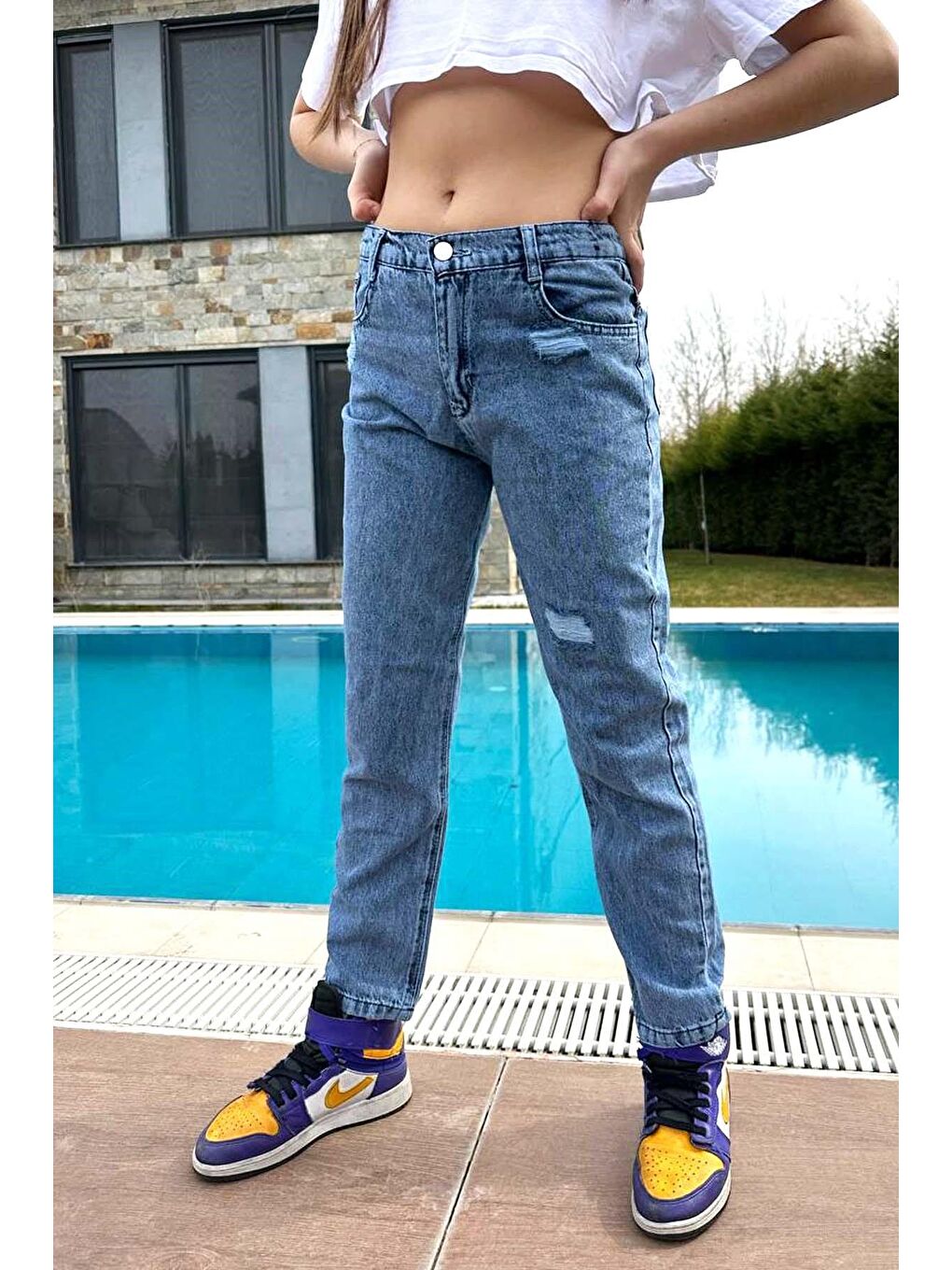 Mavi Kız Çocuk Yüksek Bel  Boru Paça Jean Pantolon