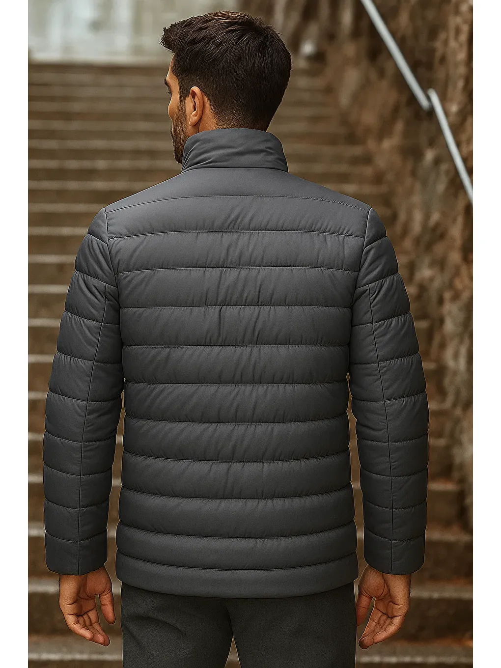 Gri Erkek Kışlık Basic Dik Yaka Fermuarlı Füme Şişme Mont-5