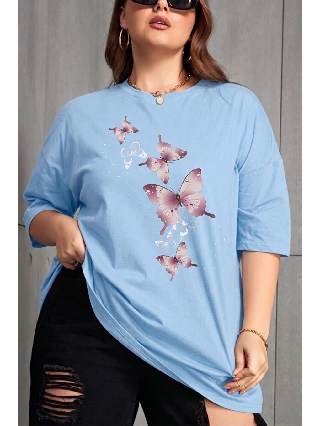 Turkuaz Kelebek Baskılı Kadın Büyük Beden Battal Bisiklet Yaka Pamuklu T-Shirt Rahat Kesim