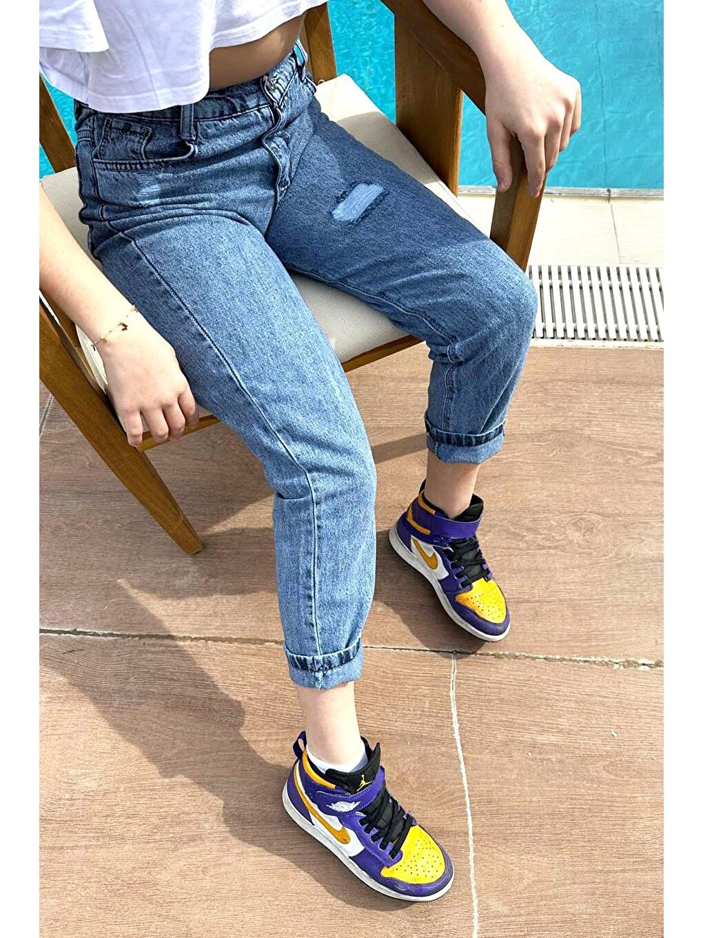 Mavi Kız Çocuk Yüksek Bel  Boru Paça Jean Pantolon-1