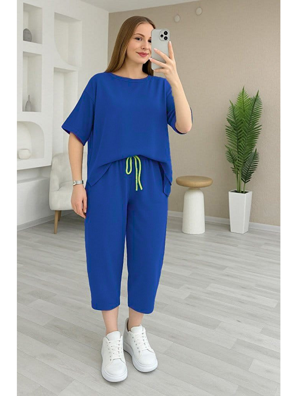 Mavi Kadın Kısa Kollu Bisiklet Yaka Viskon Iki Iplik Bluz Ve Pantolon Ikili Takım-1