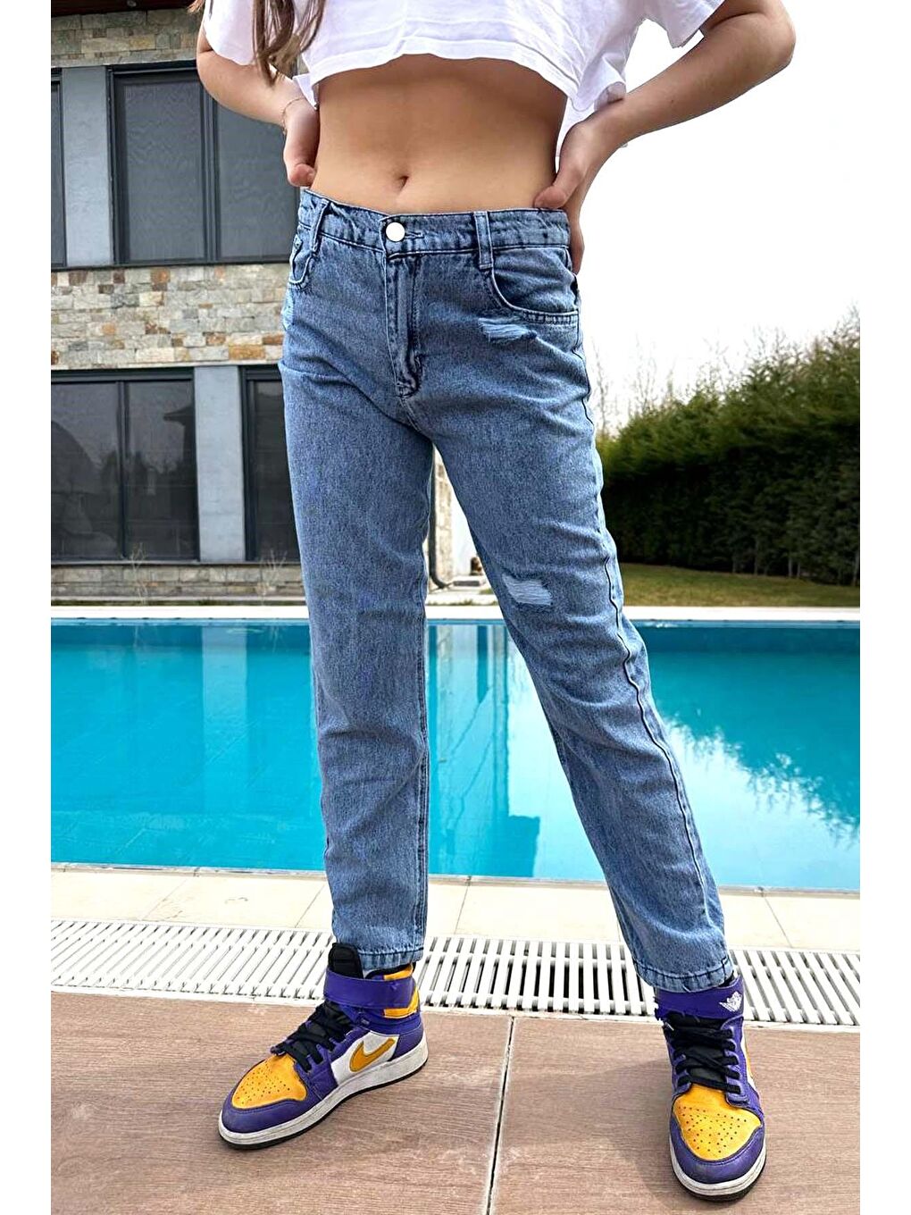 Mavi Kız Çocuk Yüksek Bel  Boru Paça Jean Pantolon-2