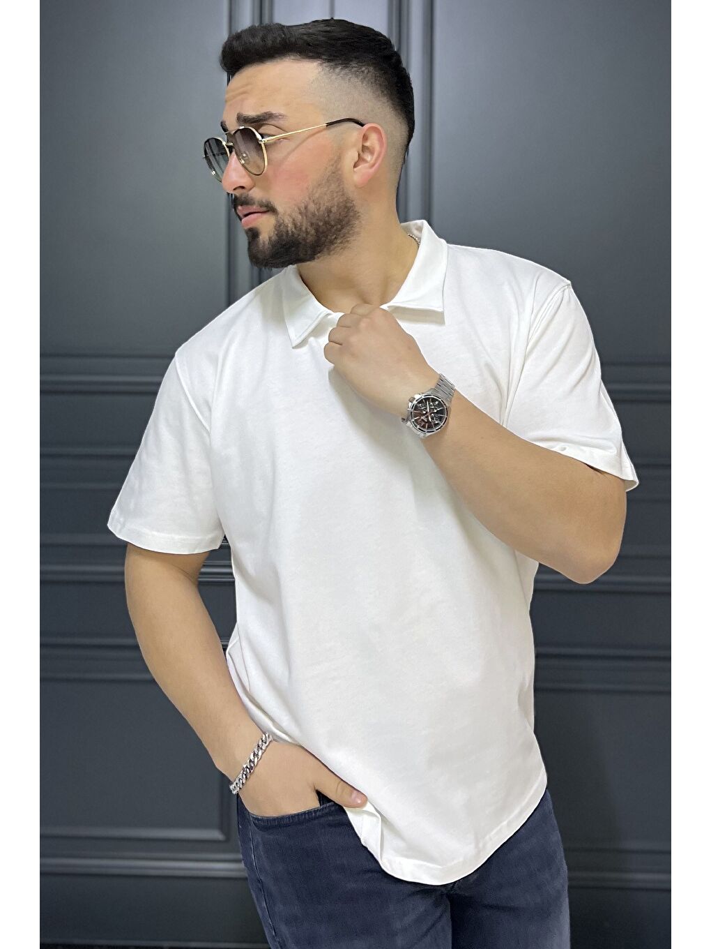 Beyaz Polo Yaka Erkek Tişört-1