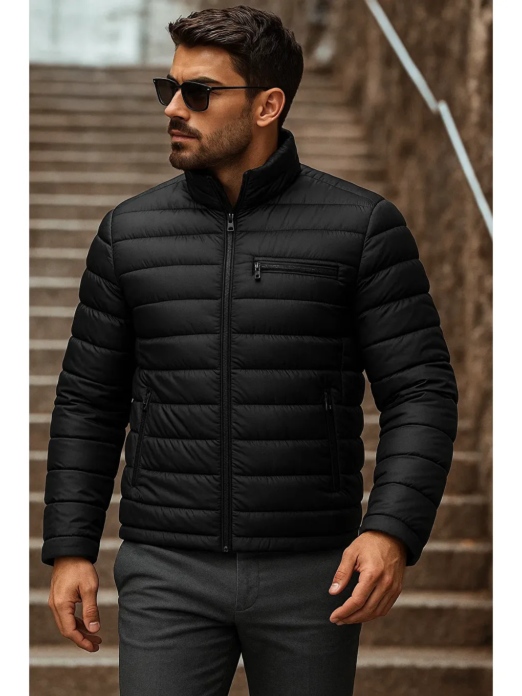 Erkek Kışlık Basic Dik Yaka Fermuarlı Siyah Şişme Mont