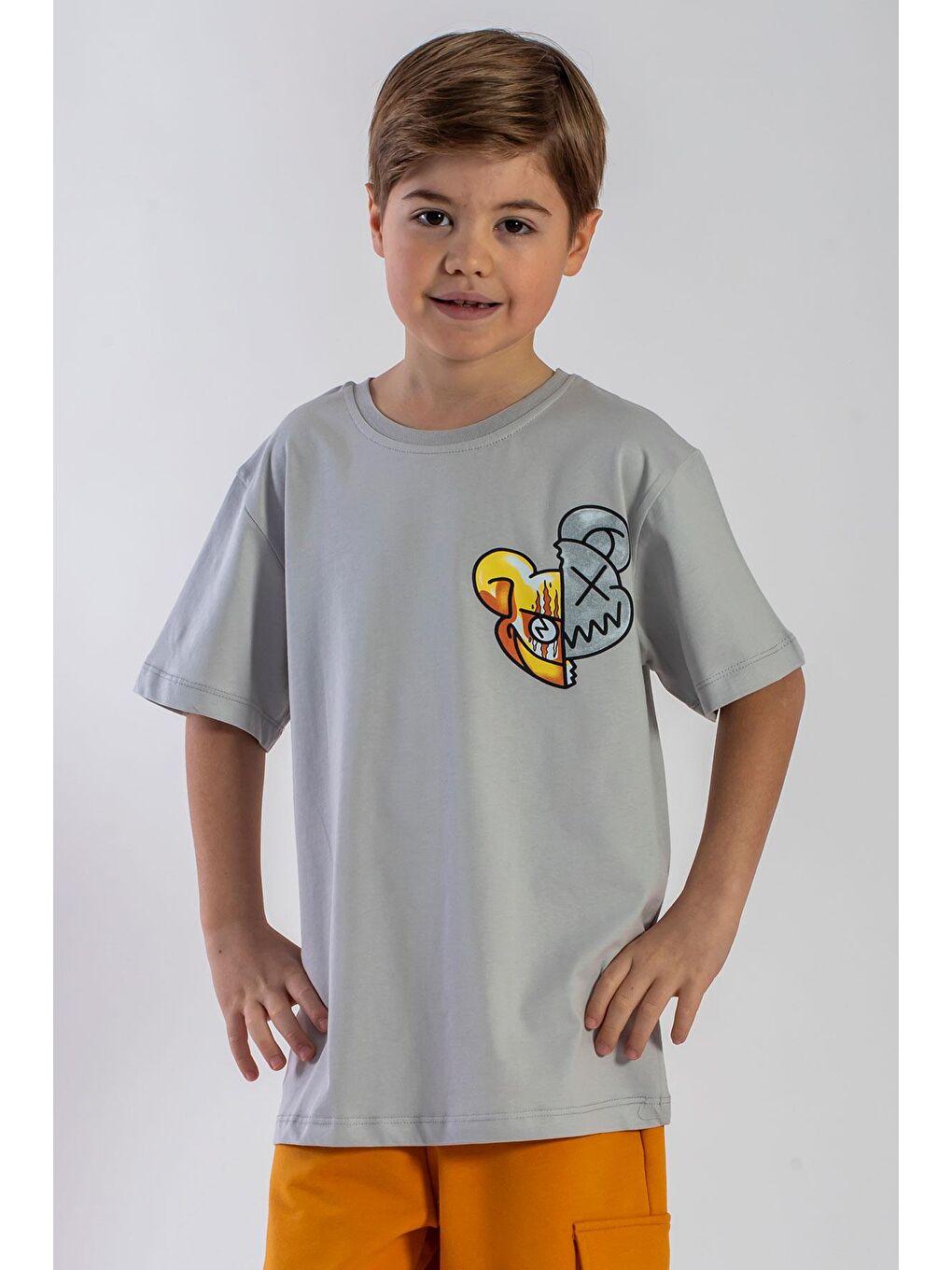 Bej Bisiklet Yaka Kısa Kol Baskılı Taş Rengi Erkek Çocuk Tshirt