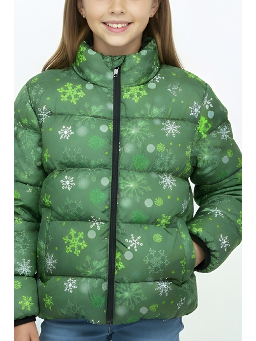 Yeşil Kız Çocuk İçi Polar Astarlı-Desenli-Kapüşonlu-Fermuarlı Mont 12362-1