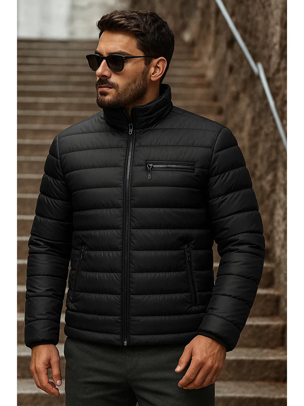 Erkek Kışlık Basic Dik Yaka Fermuarlı Siyah Şişme Mont-1