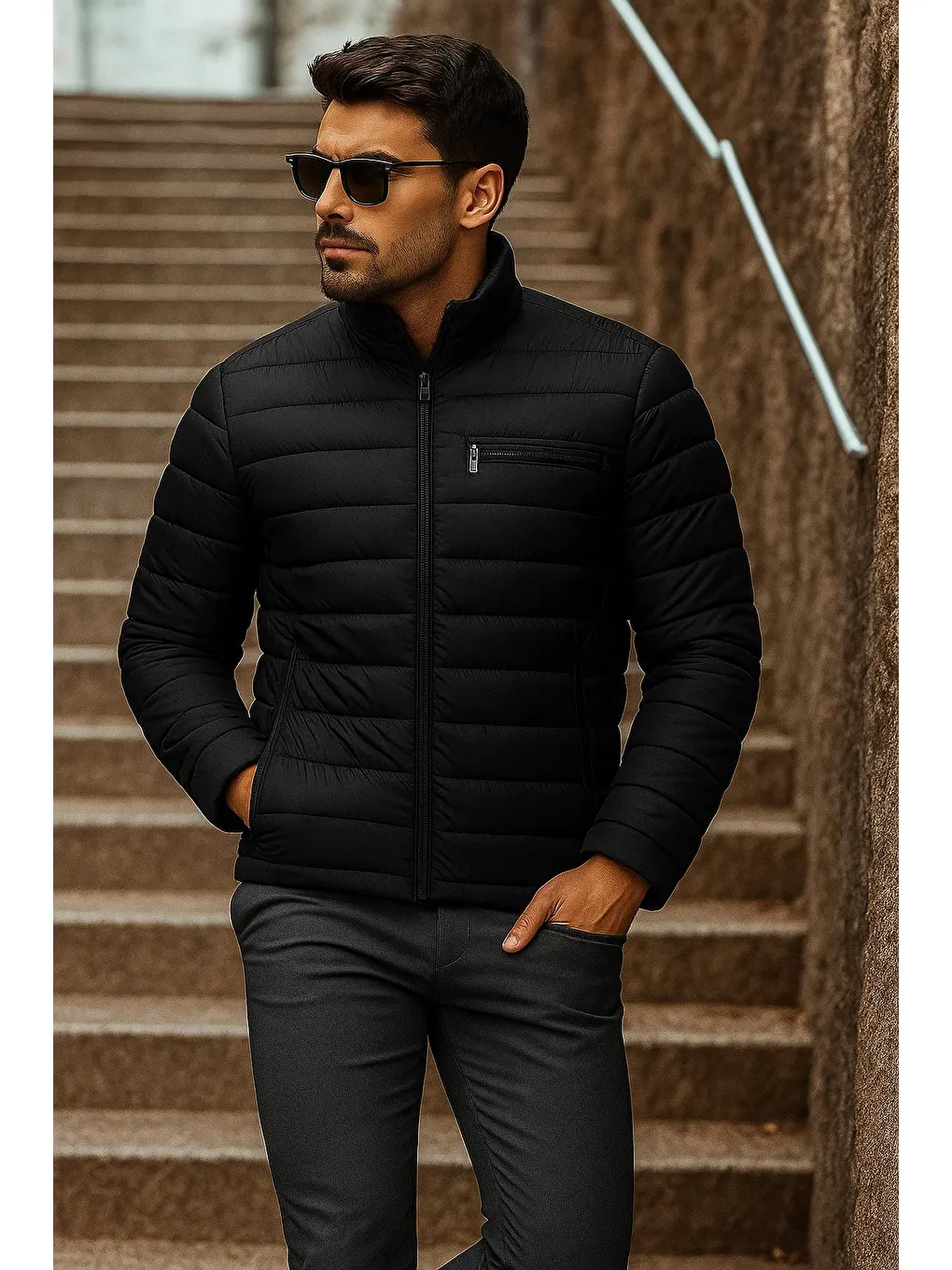 Erkek Kışlık Basic Dik Yaka Fermuarlı Siyah Şişme Mont-2