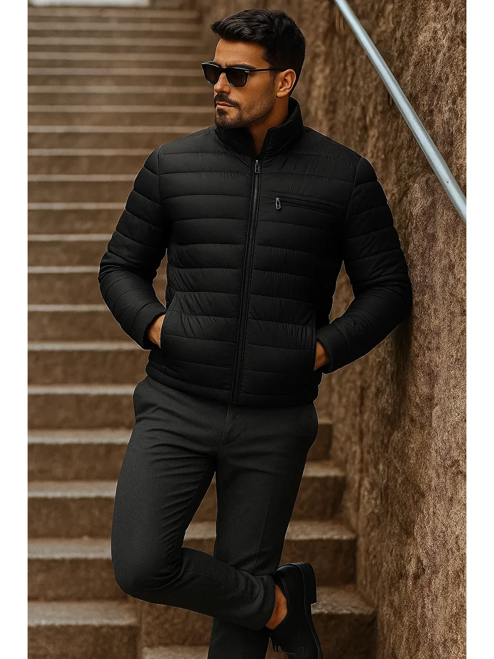 Erkek Kışlık Basic Dik Yaka Fermuarlı Siyah Şişme Mont-3