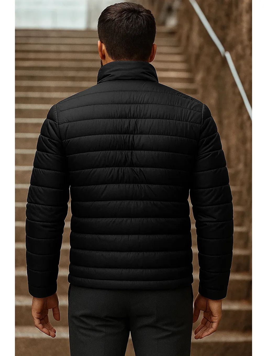 Erkek Kışlık Basic Dik Yaka Fermuarlı Siyah Şişme Mont-4