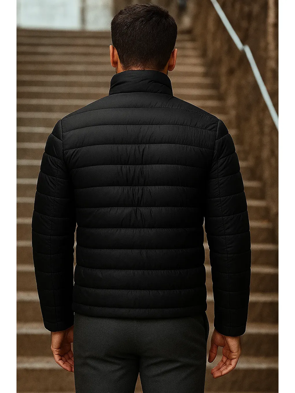Erkek Kışlık Basic Dik Yaka Fermuarlı Siyah Şişme Mont-5