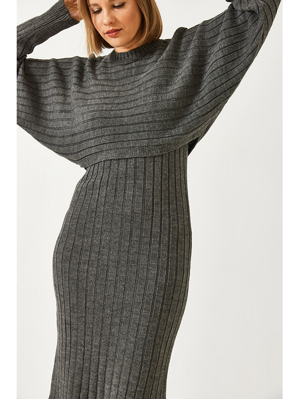 Antrasit Kadın Triko Askılı Elbise Kazak İkili Takım-1