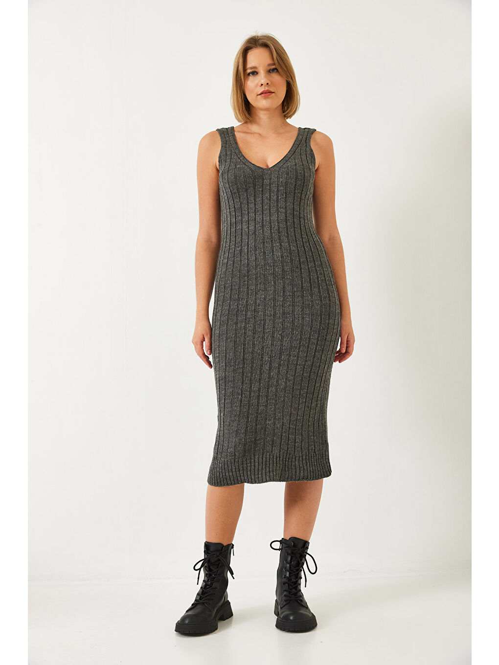 Antrasit Kadın Triko Askılı Elbise Kazak İkili Takım-3