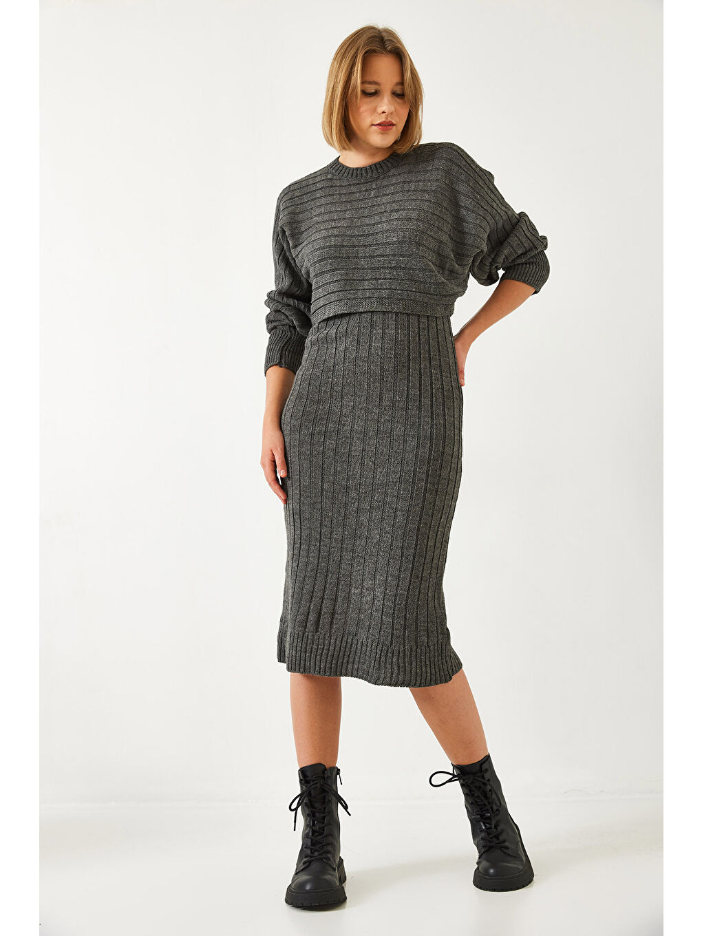 Antrasit Kadın Triko Askılı Elbise Kazak İkili Takım-4