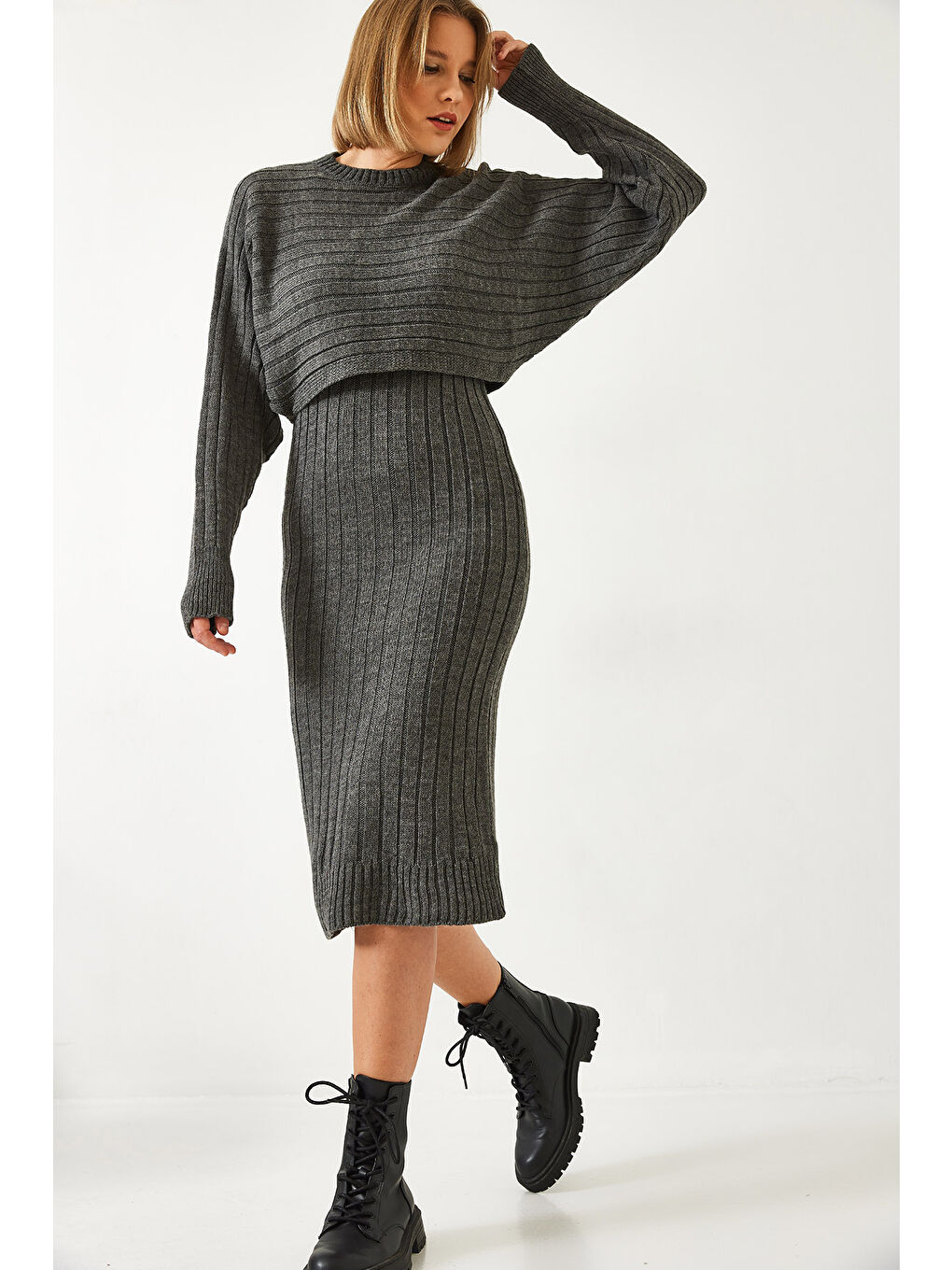 Antrasit Kadın Triko Askılı Elbise Kazak İkili Takım-6