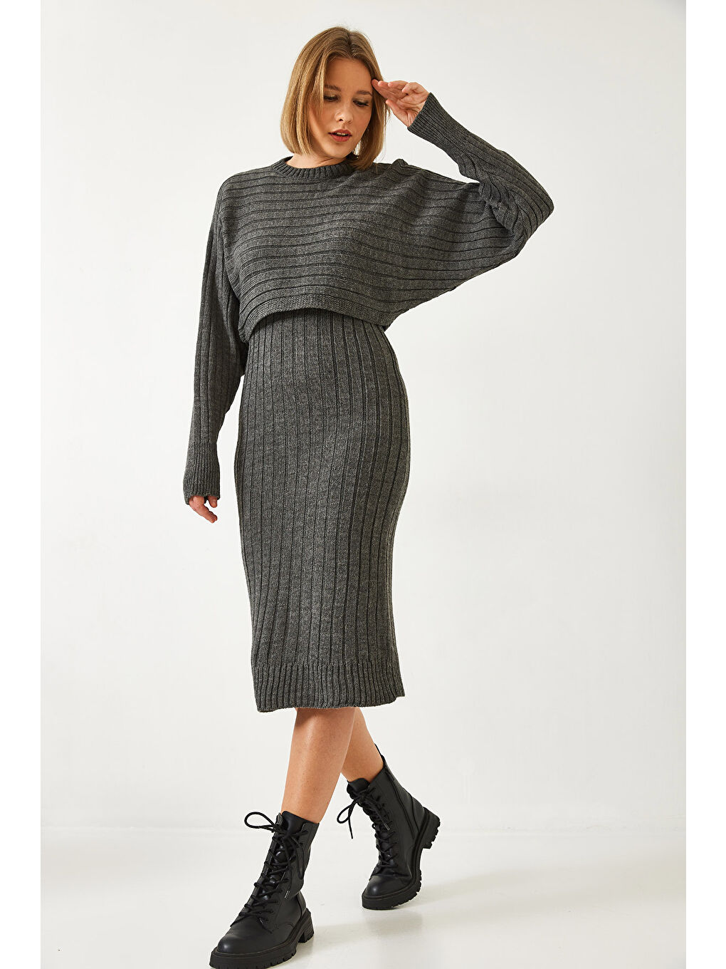 Antrasit Kadın Triko Askılı Elbise Kazak İkili Takım-7